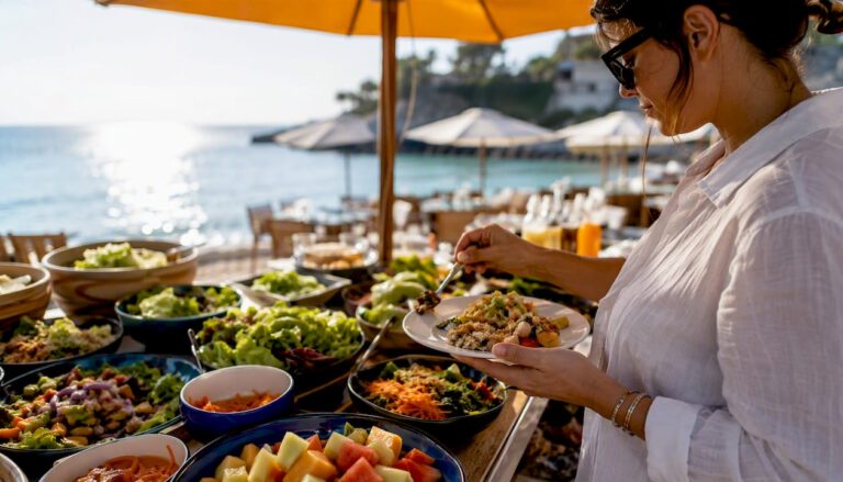 Traveler serving food at resort buffet