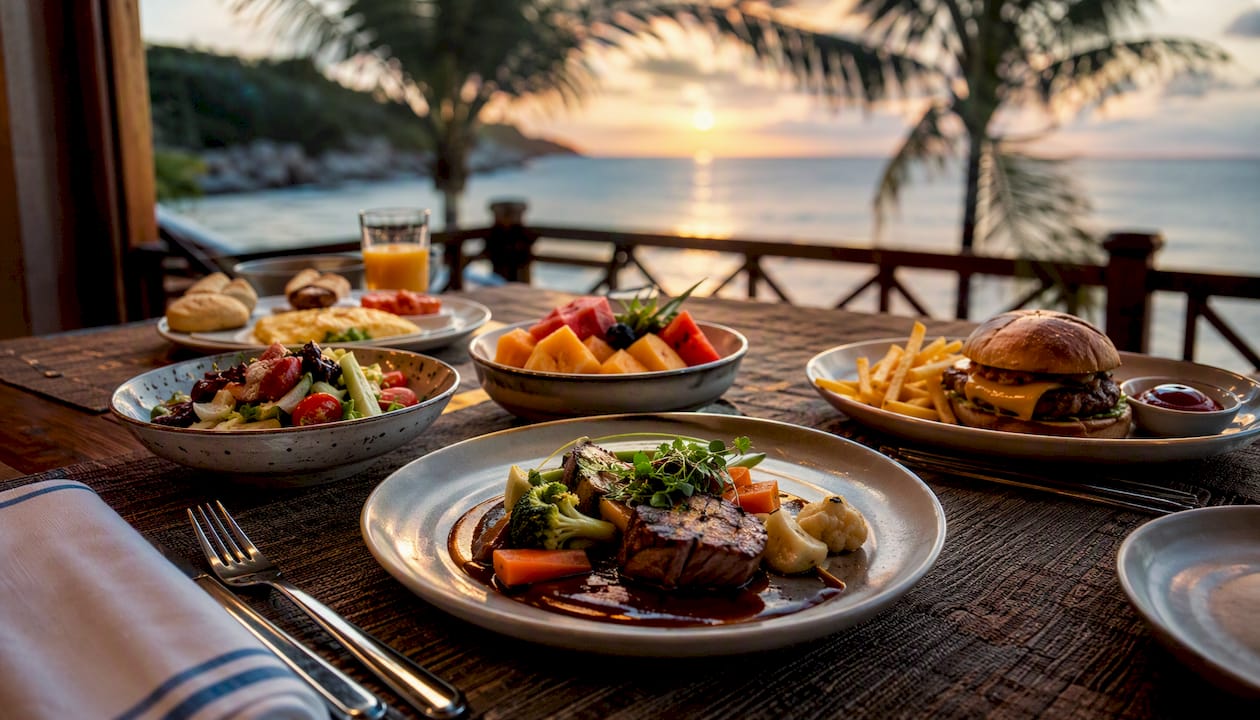 Plated meals at hotel dining table