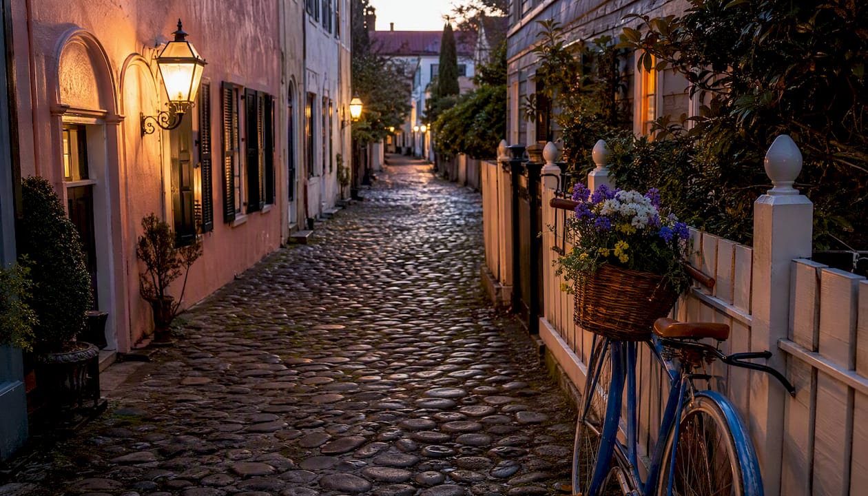 Cobblestone street with pastel row houses