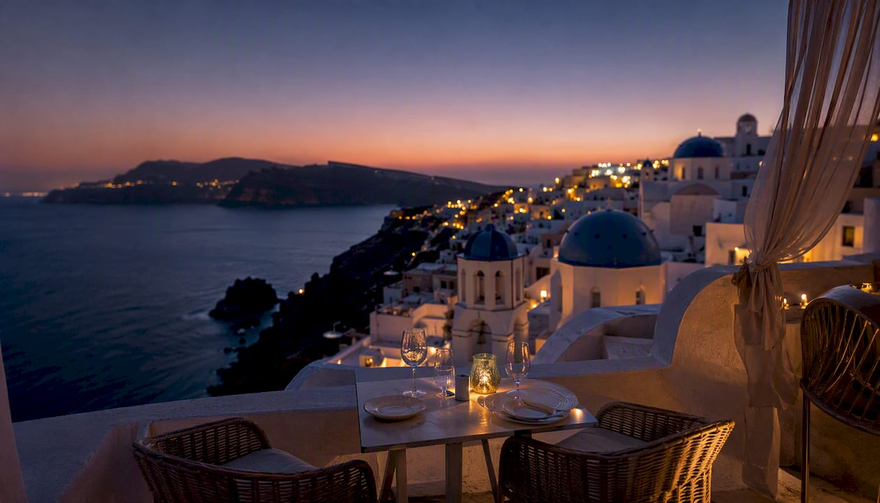 Santorini sunset terrace with white buildings