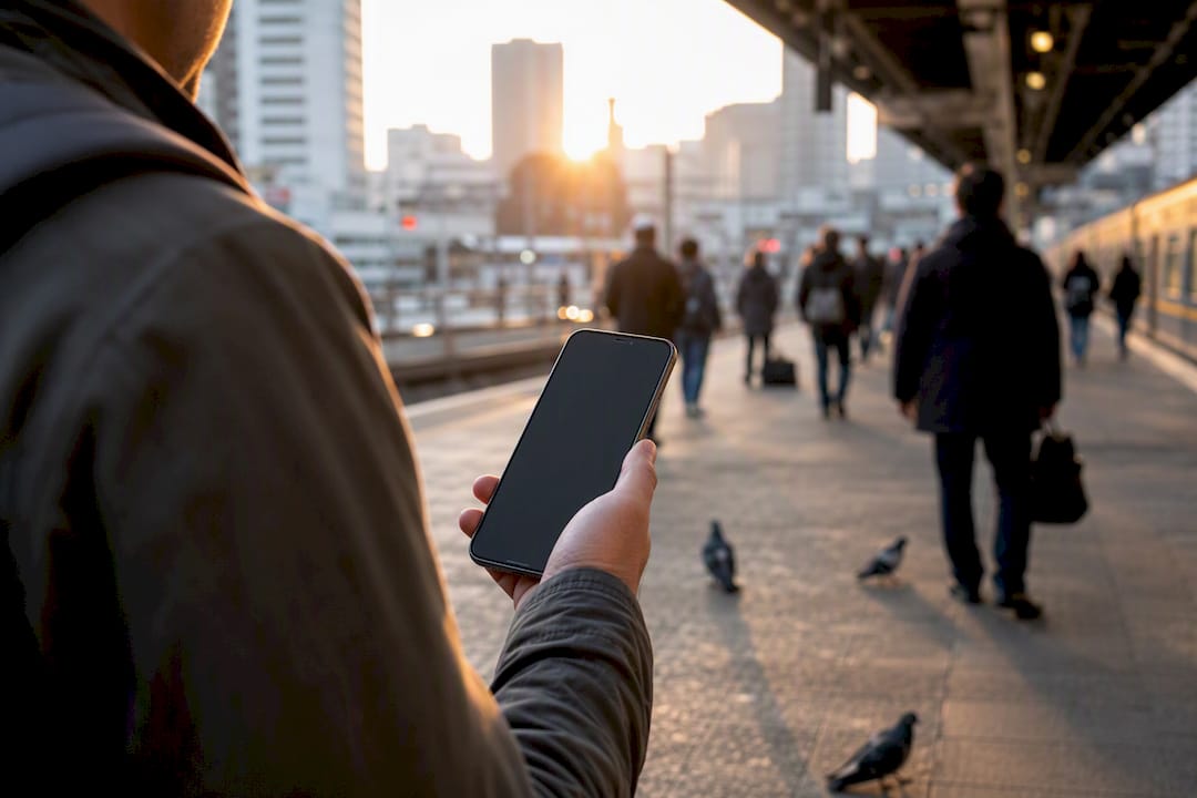 Traveler holding phone showing train ticket at platform