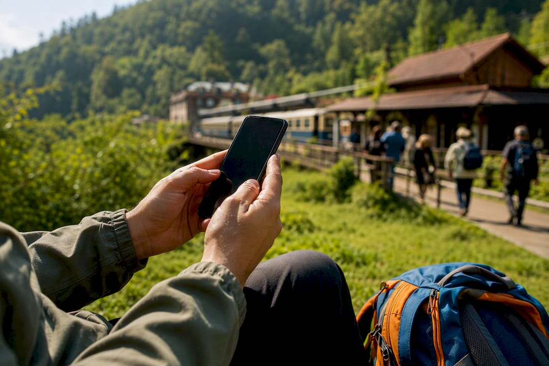 Hands holding smartphone comparing train fares outdoors