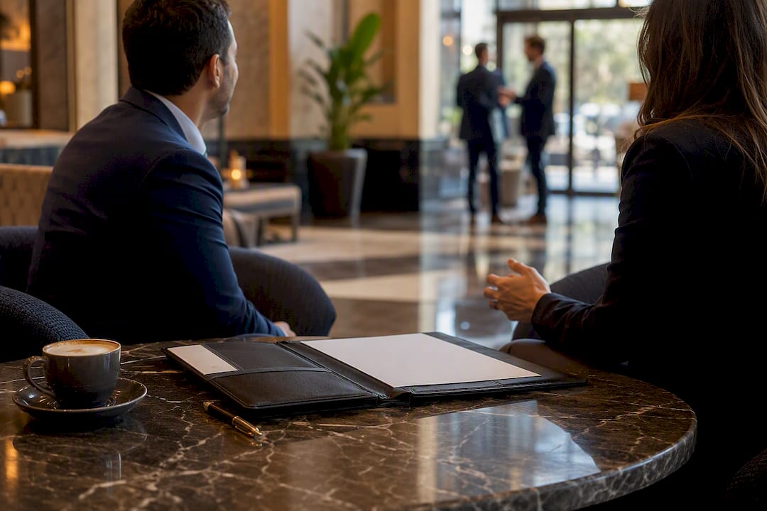 Business negotiation setup in hotel lobby lounge