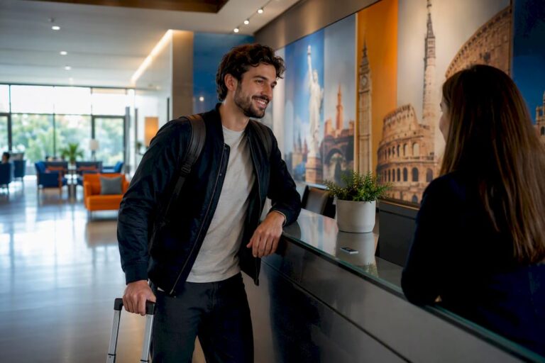 Traveler placing suitcase on hotel reception desk