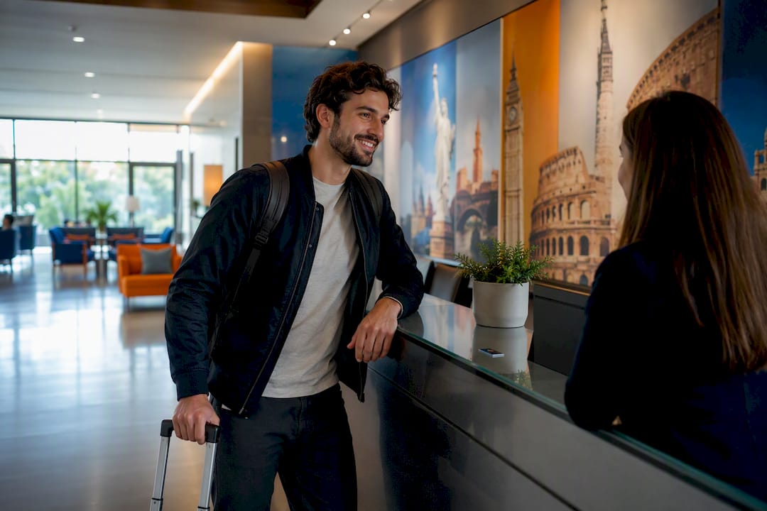 Traveler placing suitcase on hotel reception desk