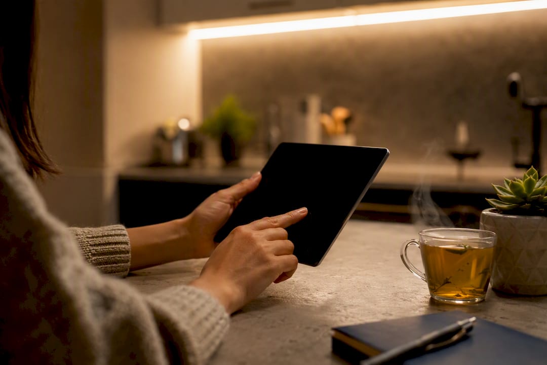 Hands holding tablet comparing flights