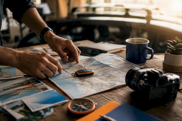 Hands planning car rental with map and keys