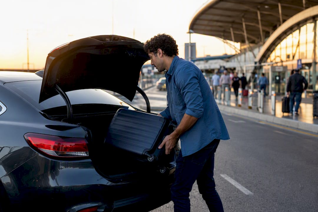 Traveler placing luggage in rental car trunk