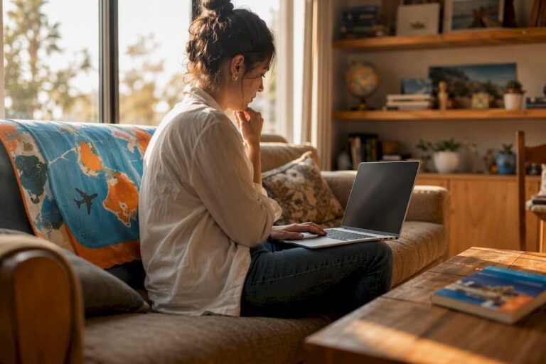 Person searching flights on laptop at desk