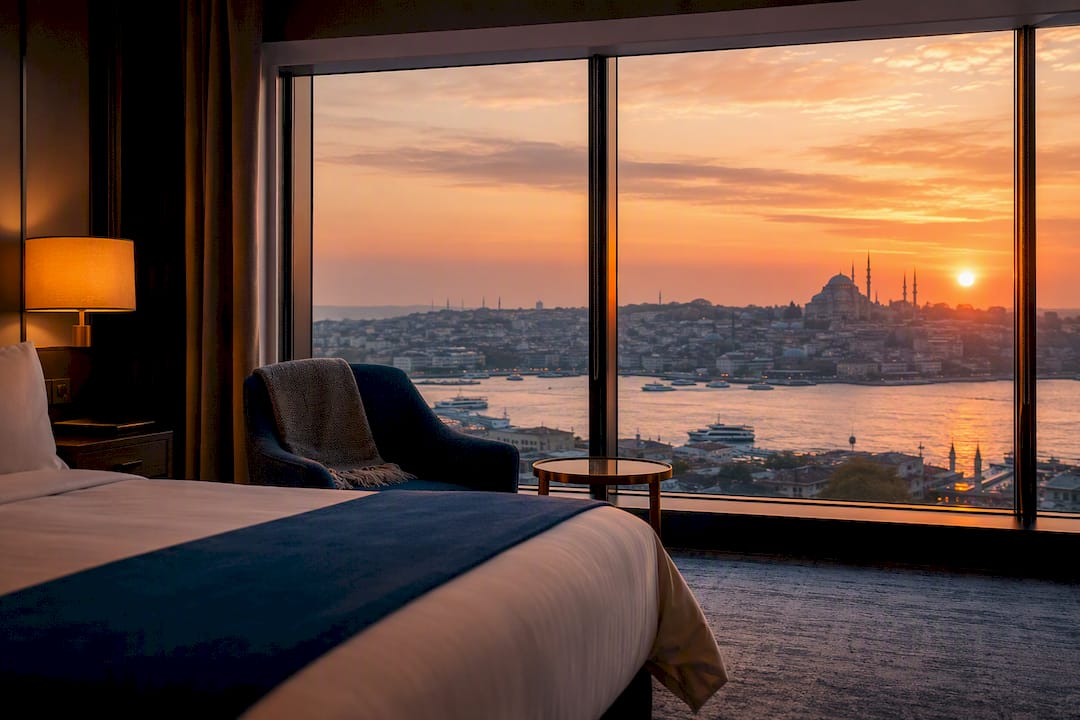 Hotel room bed with Istanbul city view
