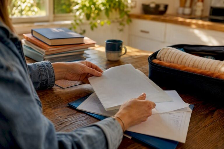 Hands organizing travel insurance documents