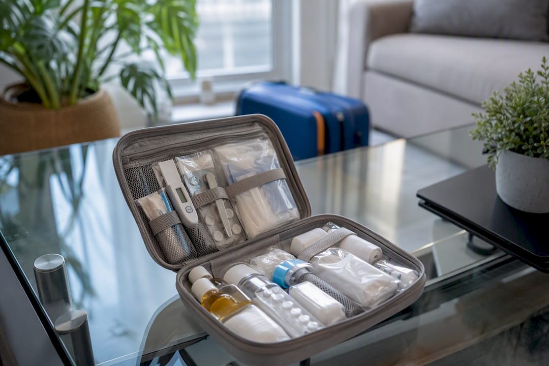 Travel emergency medical kit open on table