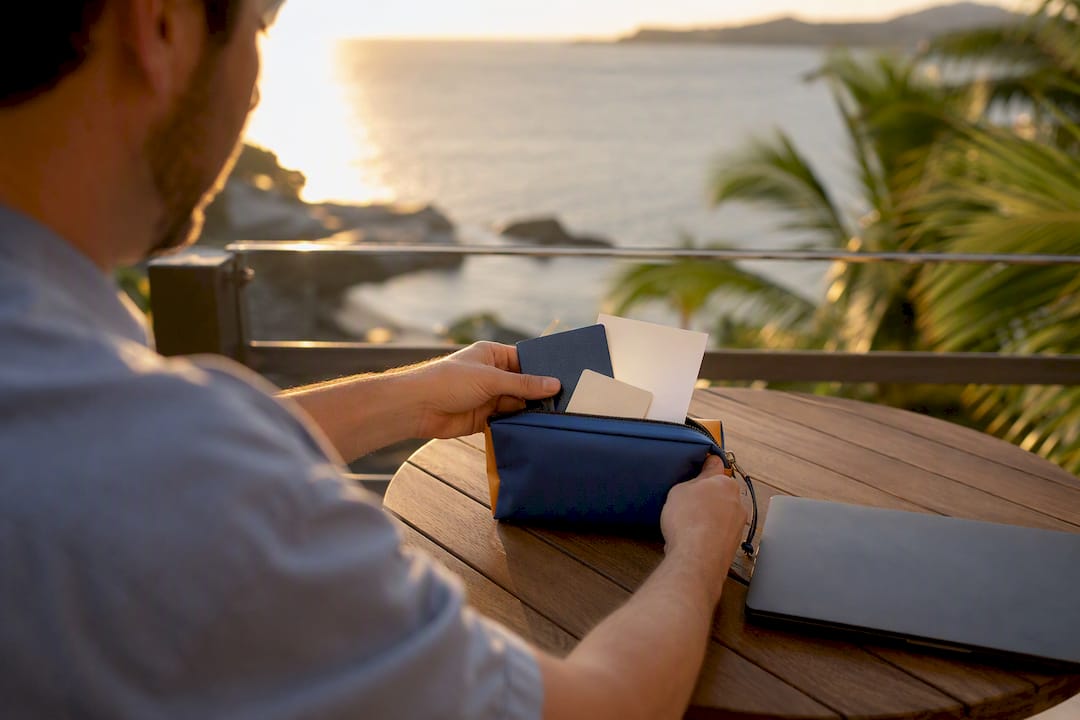 Hands packing blank travel documents into pouch