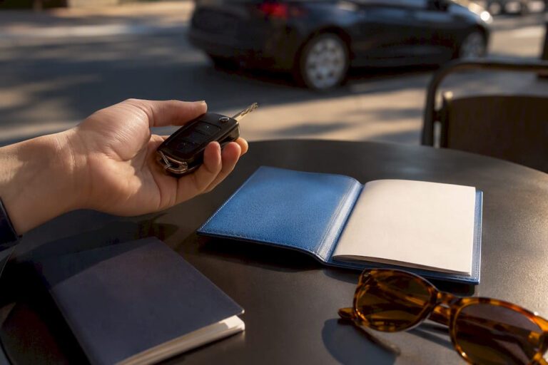 Hand holding car keys over travel documents on desk