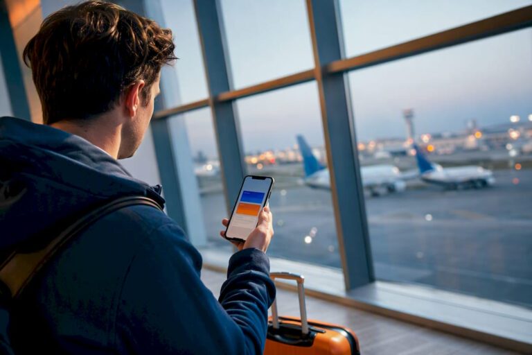 Traveler comparing flight options at airport