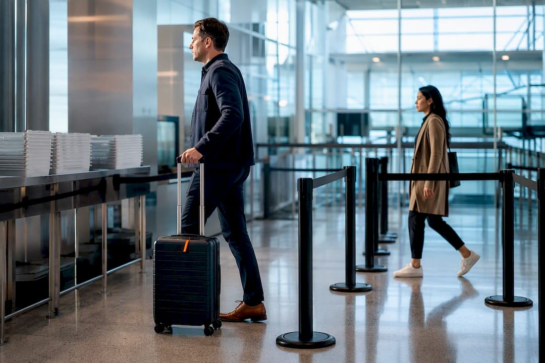 Traveler moving through airport priority security