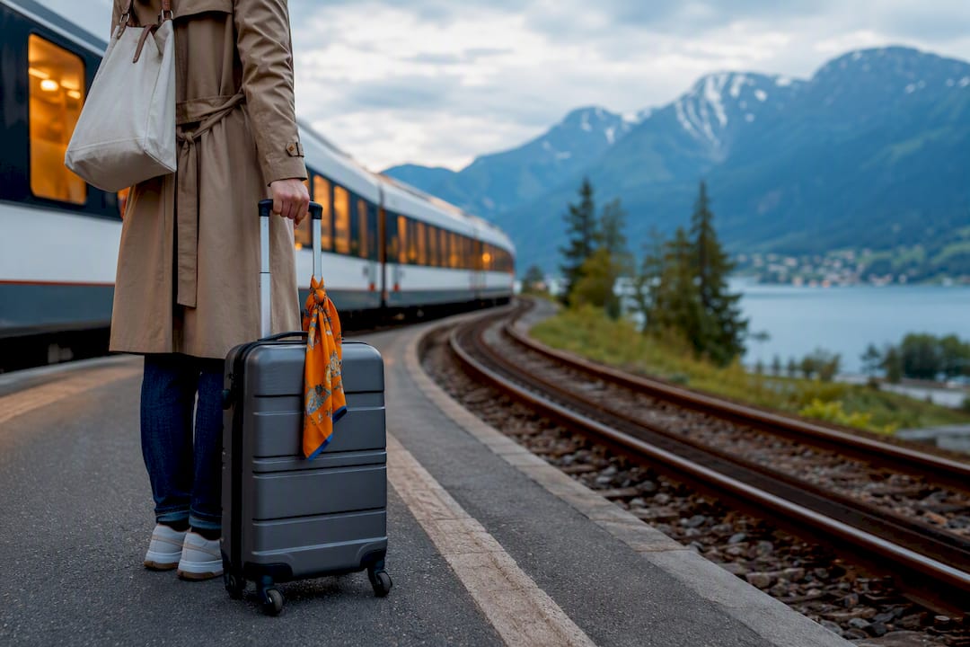 Anonymous train crossing a European landscape