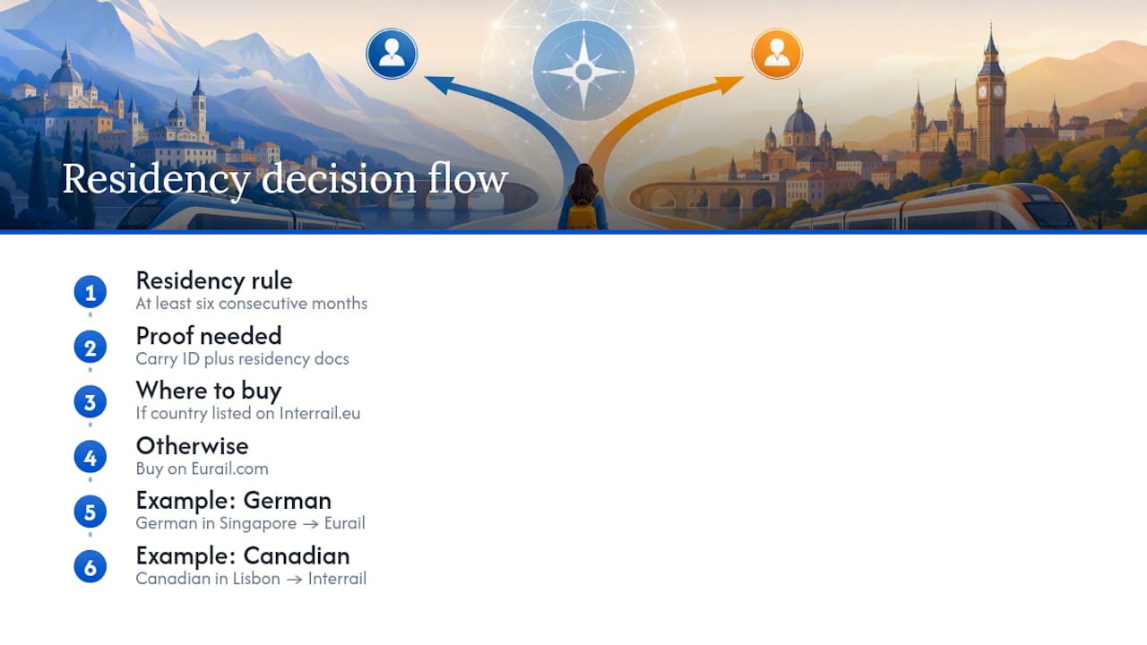 Residency-based Eurail and Interrail decision flow