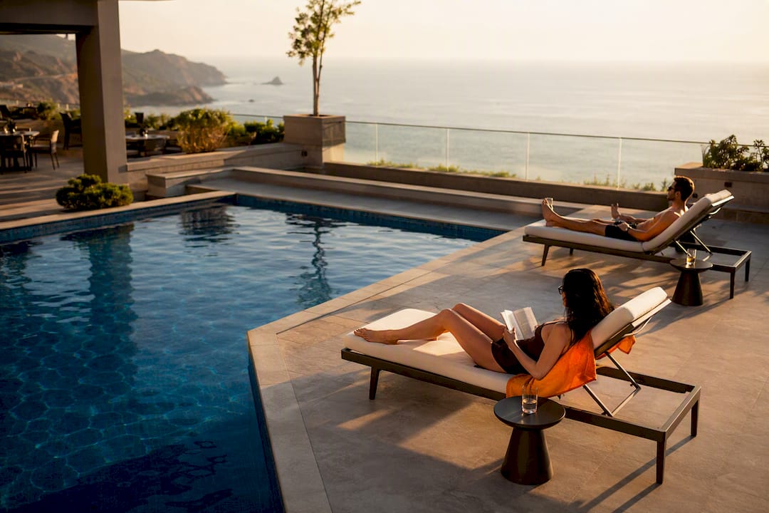 Quiet adults-only resort pool at sunset