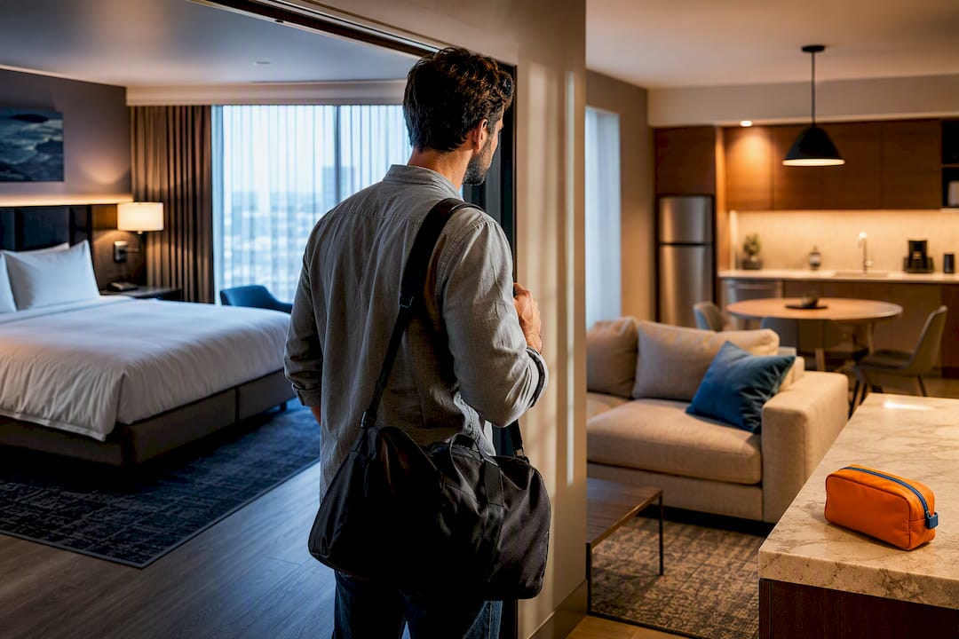 Traveler comparing hotel and rental interiors