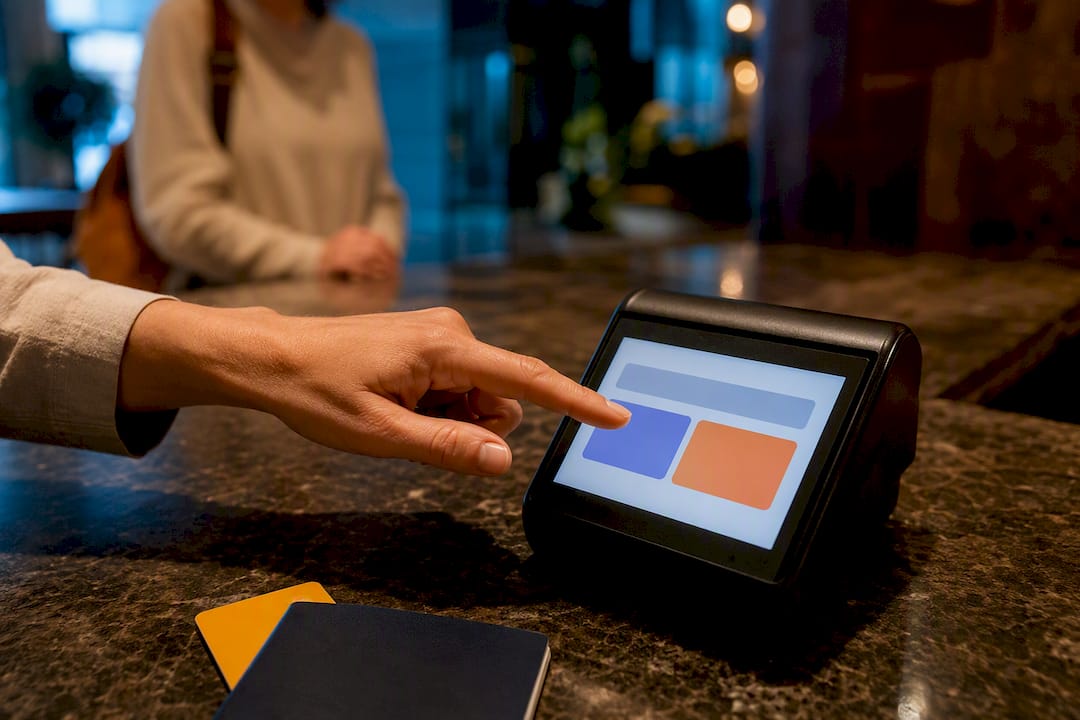 Traveler reviewing currency choice at payment terminal