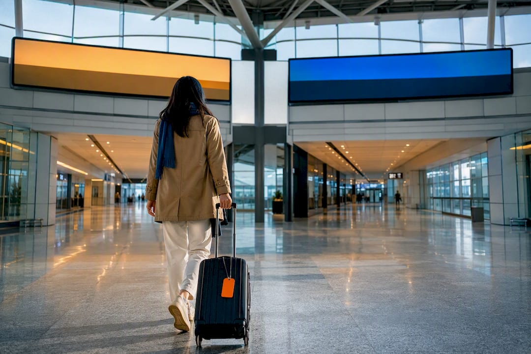 Traveler navigating a split airport concourse