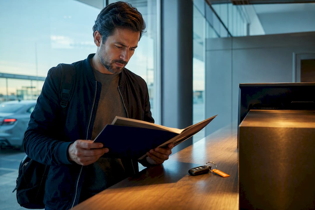 Traveler reviewing rental waiver at counter