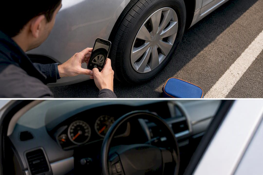 Traveler photographing rental vehicle condition