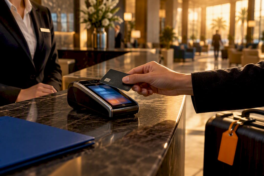 Traveler completing hotel booking payment