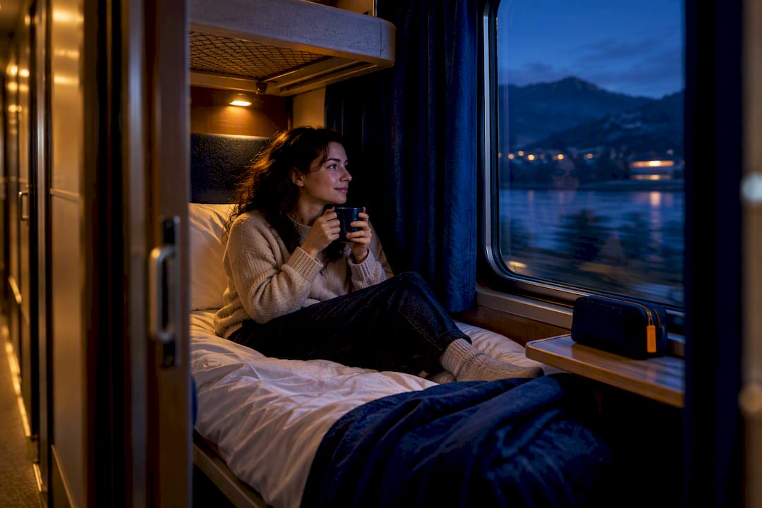 Traveler settling into overnight train berth