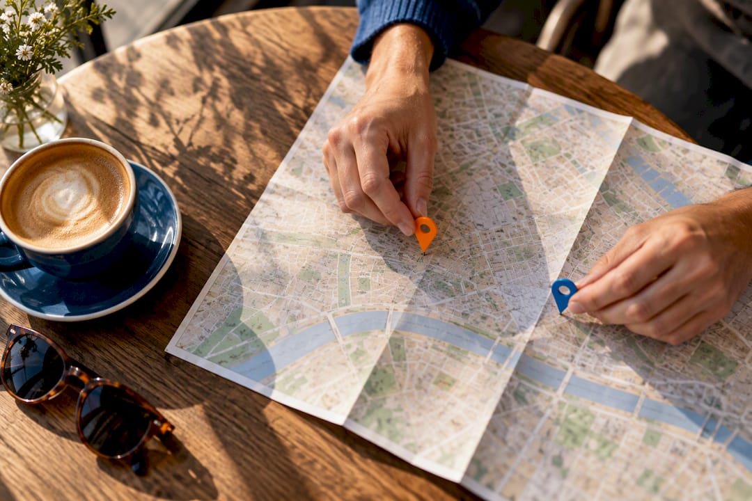 Hands placing itinerary markers on city map