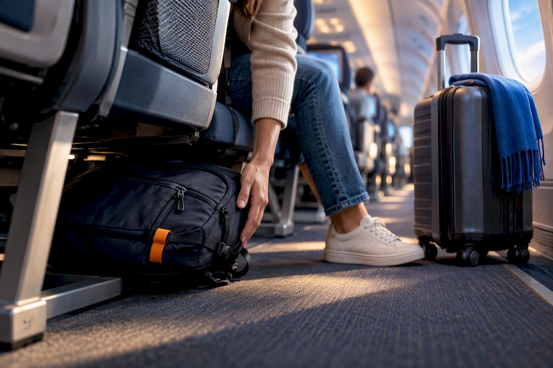 Traveler stowing backpack beneath airplane seat