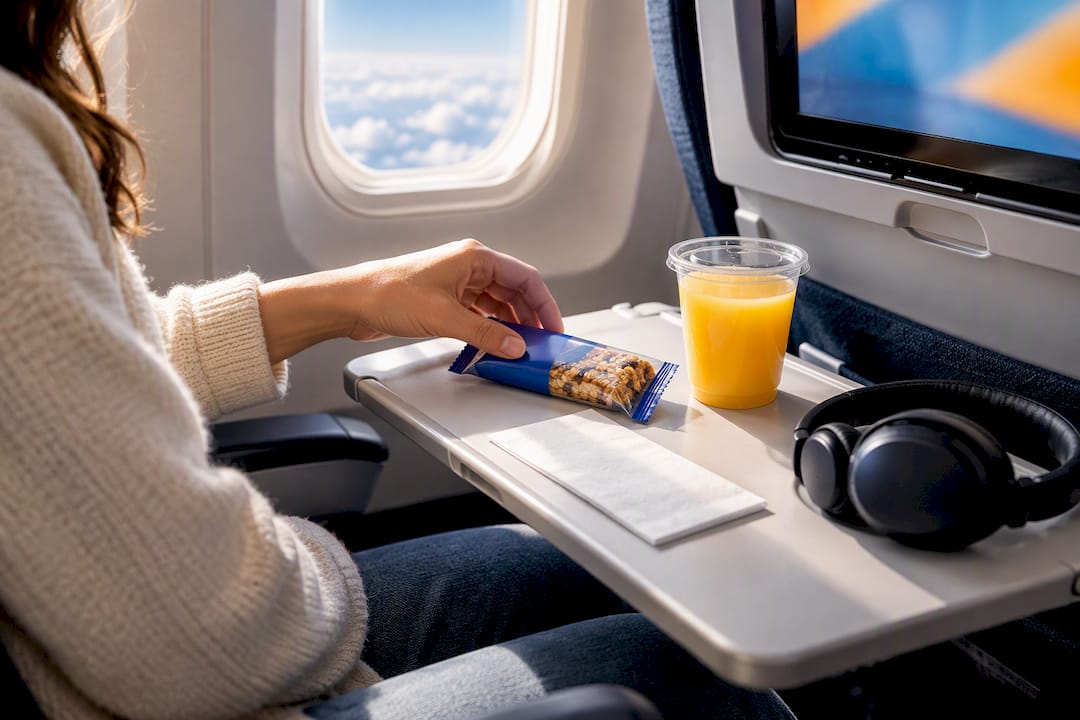 Economy passenger with snack and entertainment screen