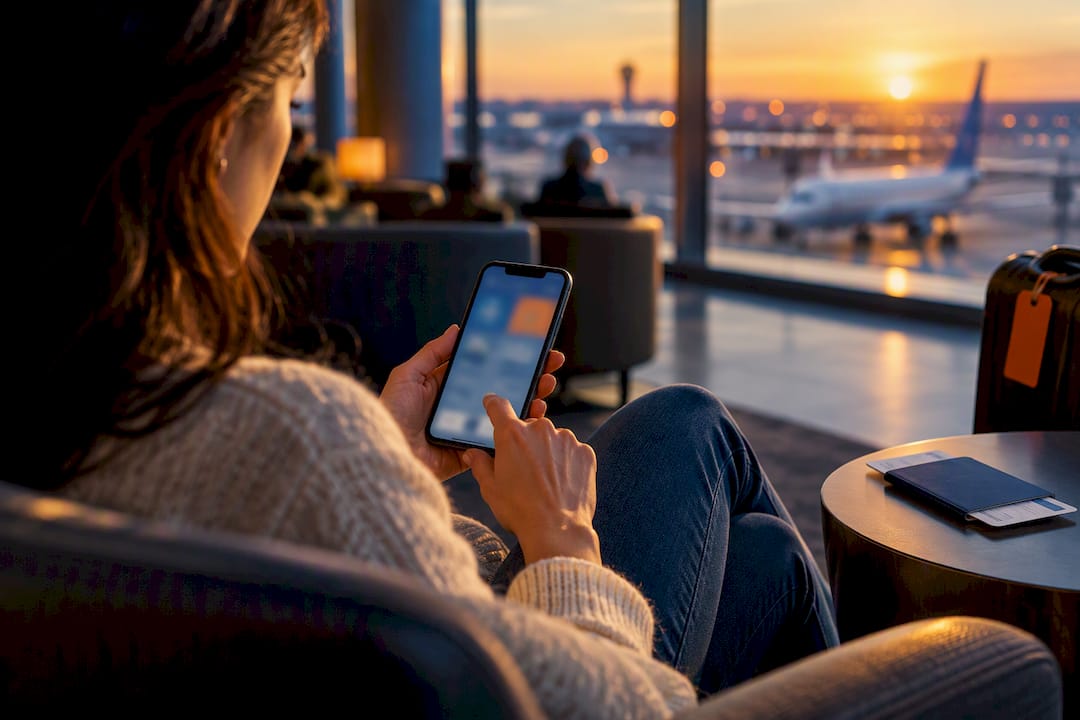 Traveler reviewing insurance before departure