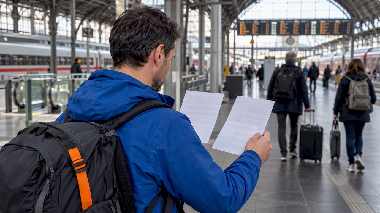 Traveler comparing European rail options