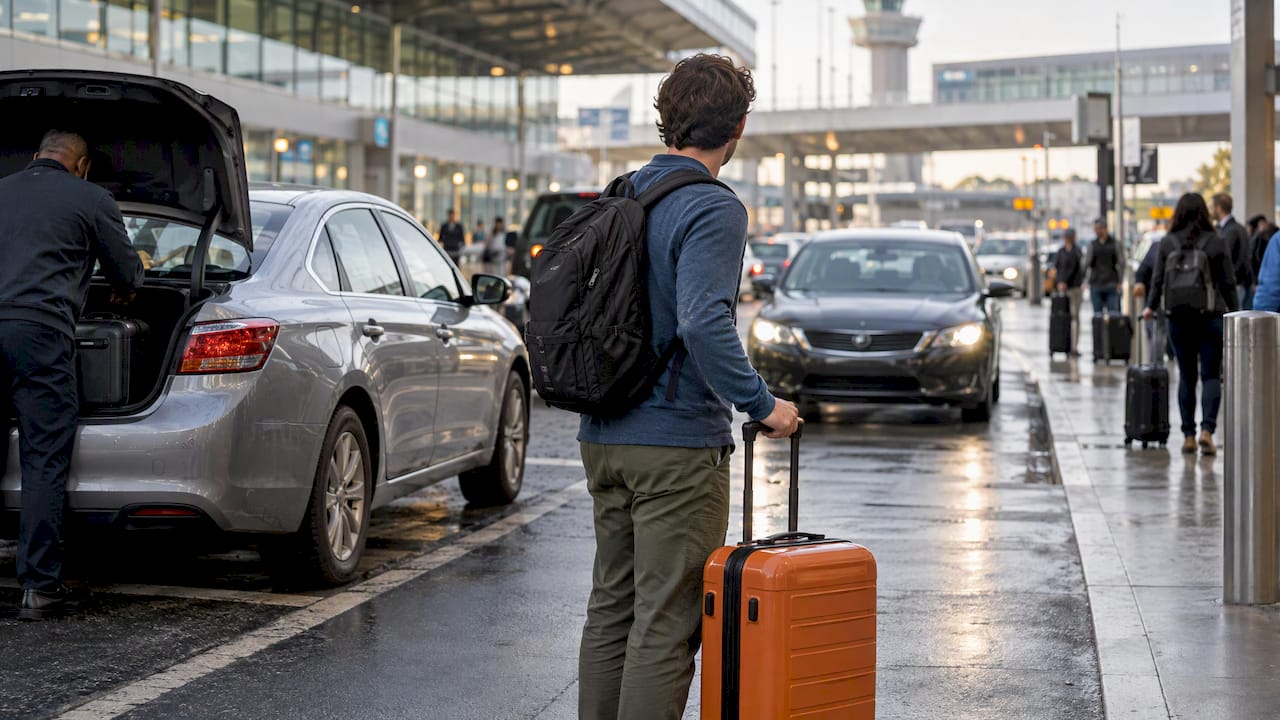 Traveler comparing rental car and rideshare