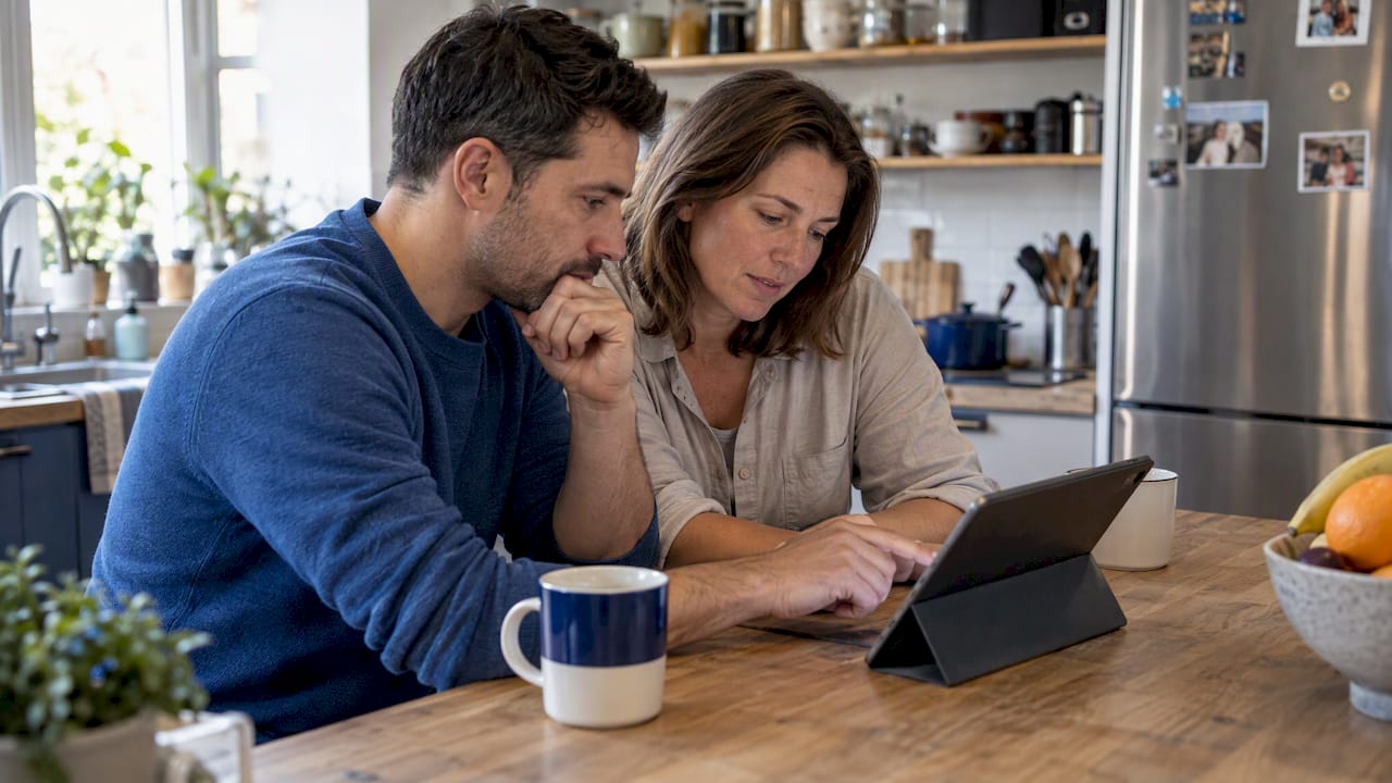 Couple comparing flight fares at kitchen island