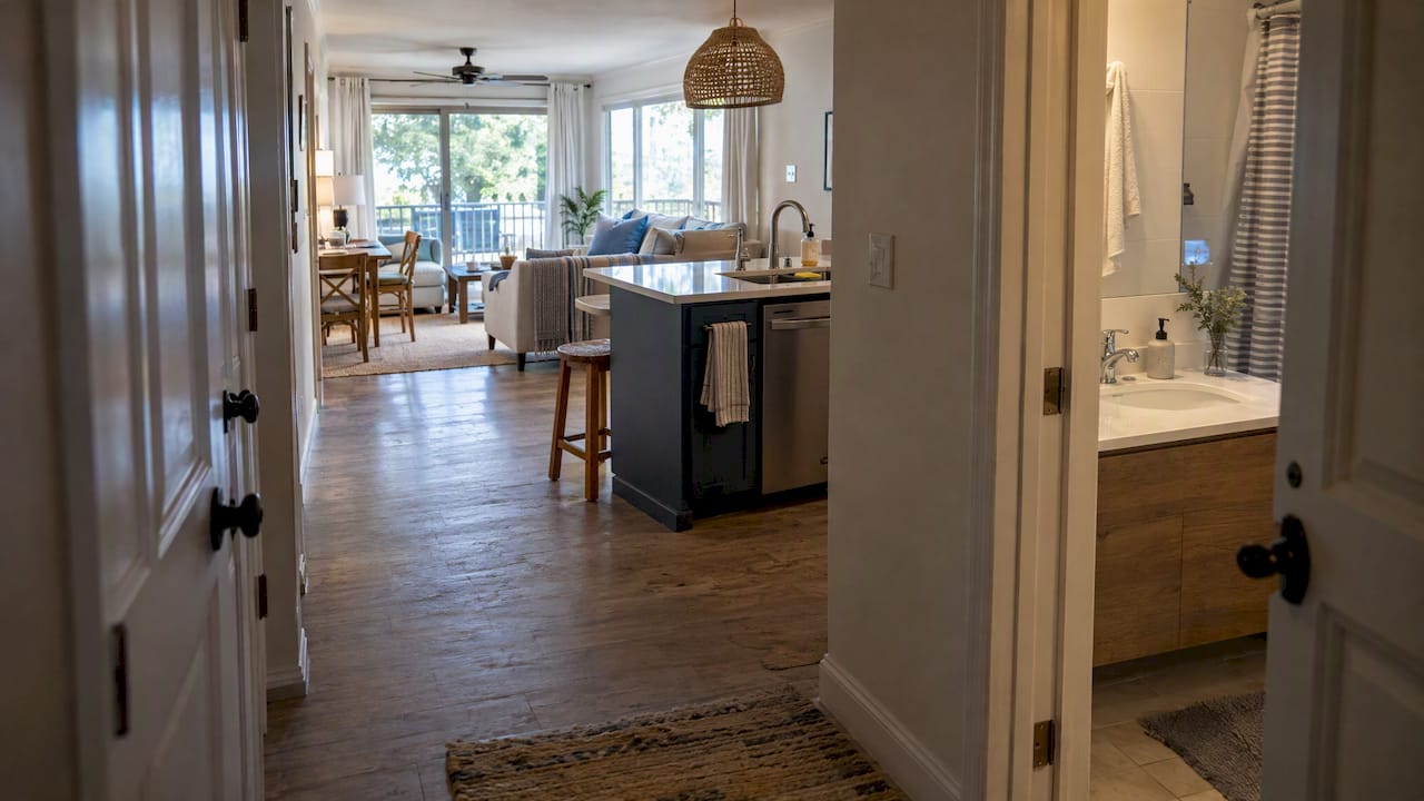Vacation rental linking private rooms and shared kitchen