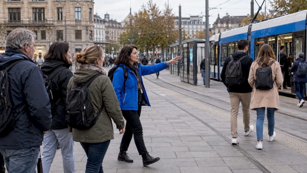 Guided group and independent travelers in city