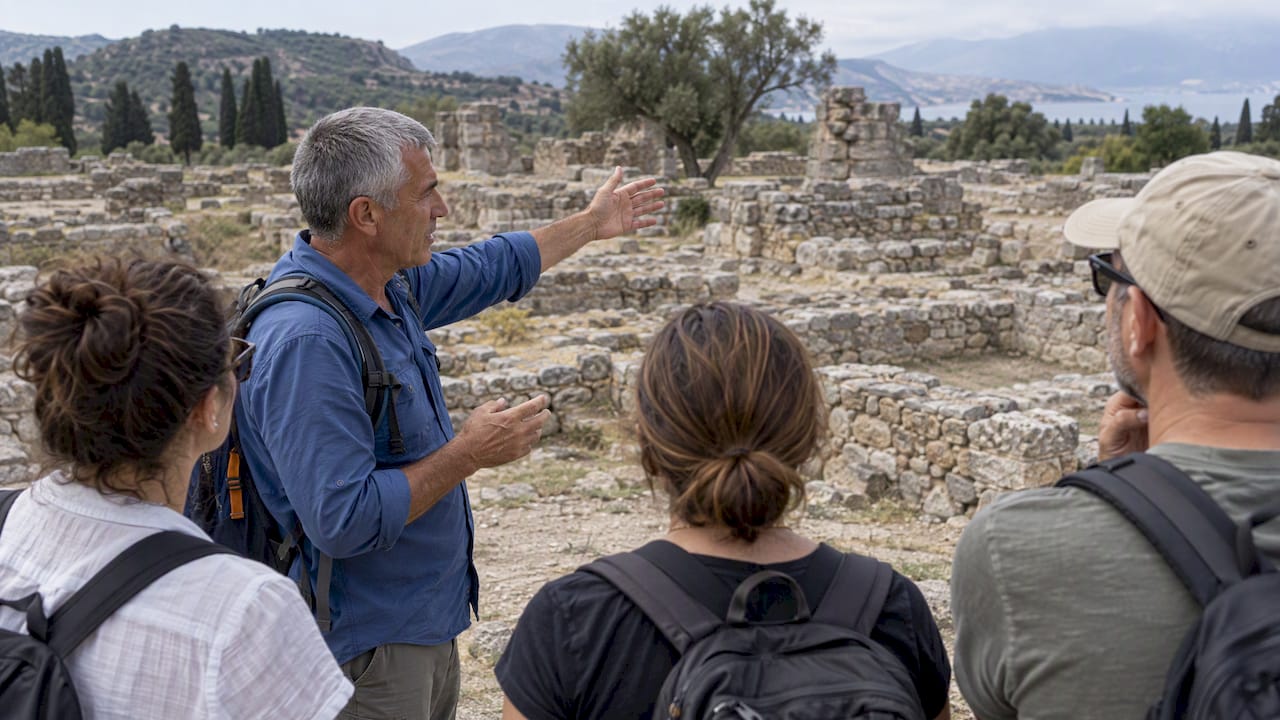 Guide explaining ancient ruins to visitors