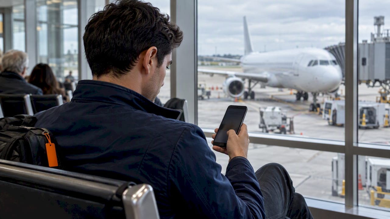 Traveler checks flight details beside a parked plane