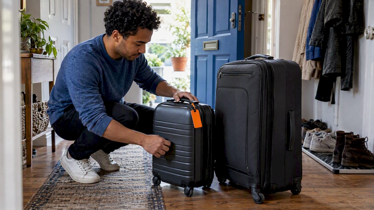 Traveler comparing carry-on and checked suitcases