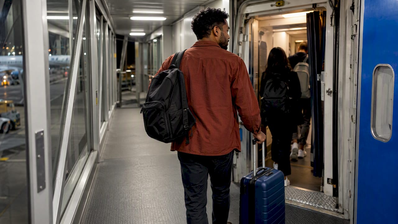 Traveler boarding a late-night flight
