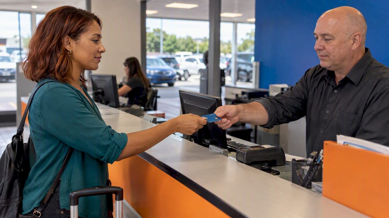 Traveler presenting a debit card at rental counter