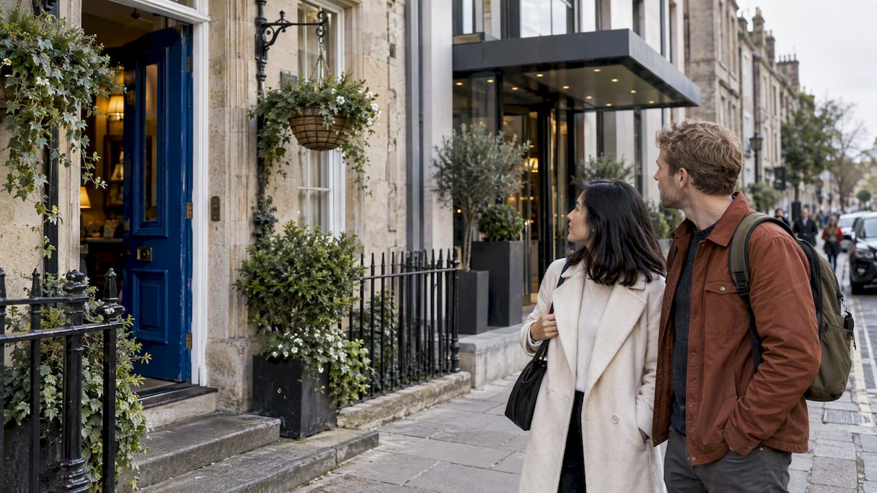 Couple comparing a guesthouse and hotel
