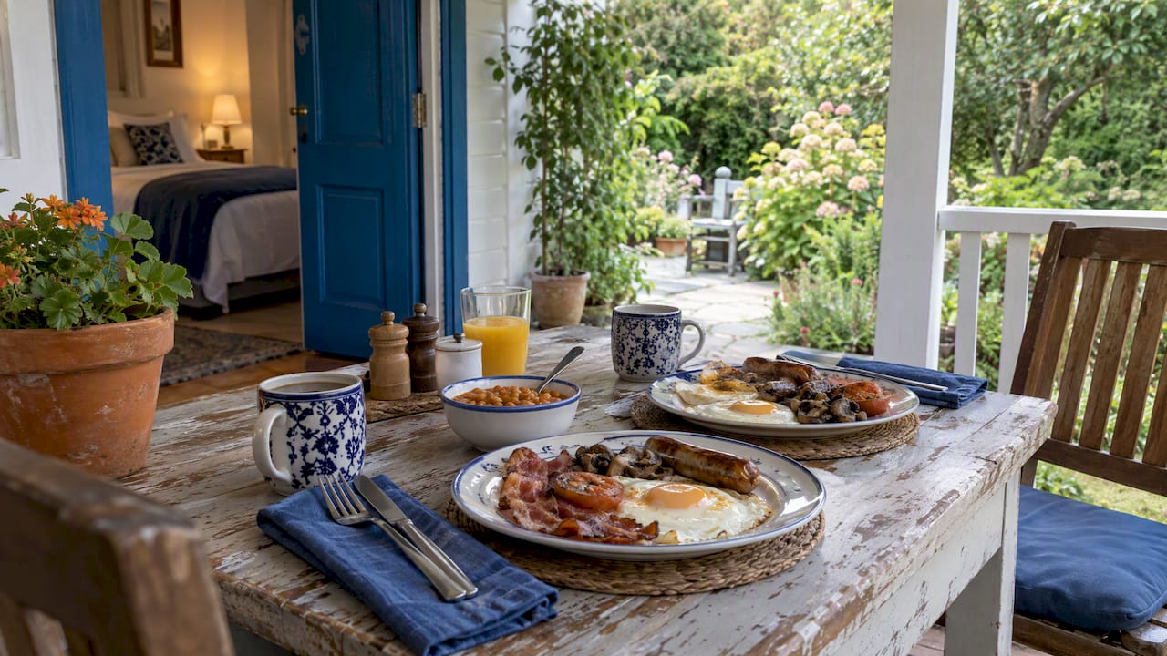 Cooked breakfast on a quiet B&B porch