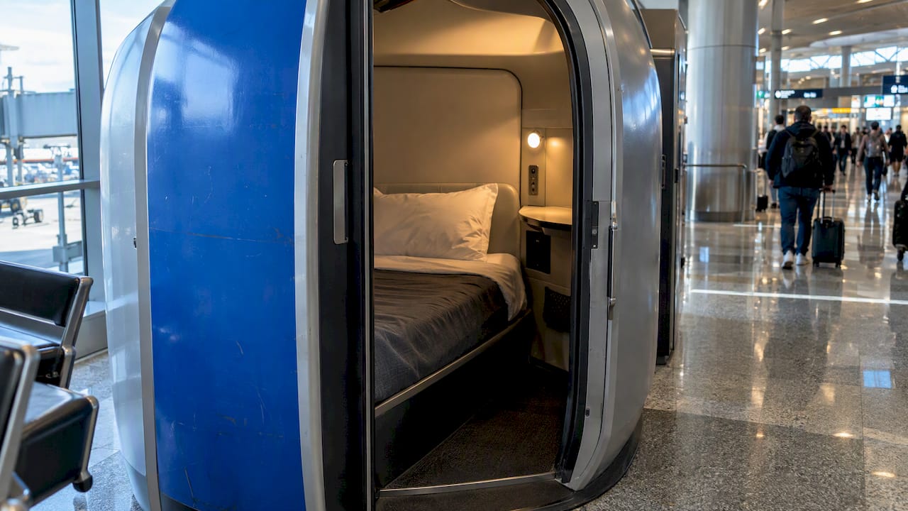 Sleep pod inside an airport terminal